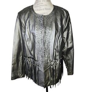 Chi by Carlos Falchi Leather Jacket 2XL Silver‎ Metallic Fringe Glam Maximalist